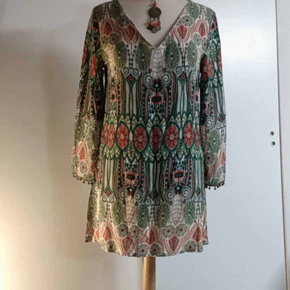 Green and Orange Boho Mandela Pattern Tunic Top